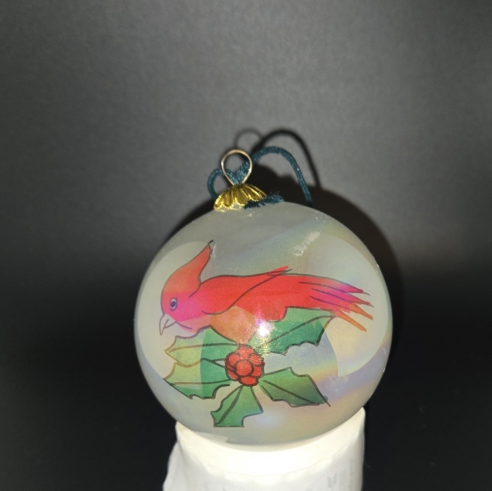 Vintage Reverse Painted Glass Christmas Tree Ornament. Cardinal